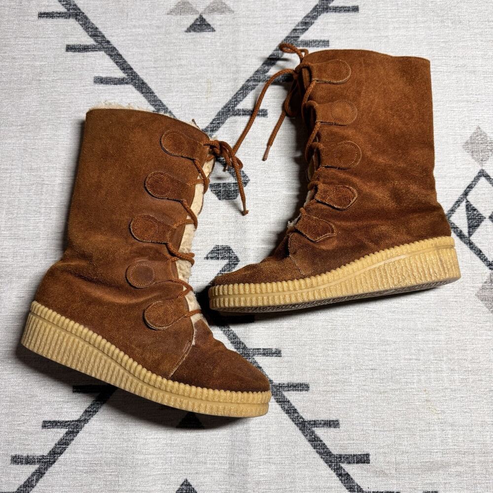 VTG 70s Winter Boots Brown Suede Shearling Lace Up Size 10 Apres Ski Made in USA - Picture 3 of 9